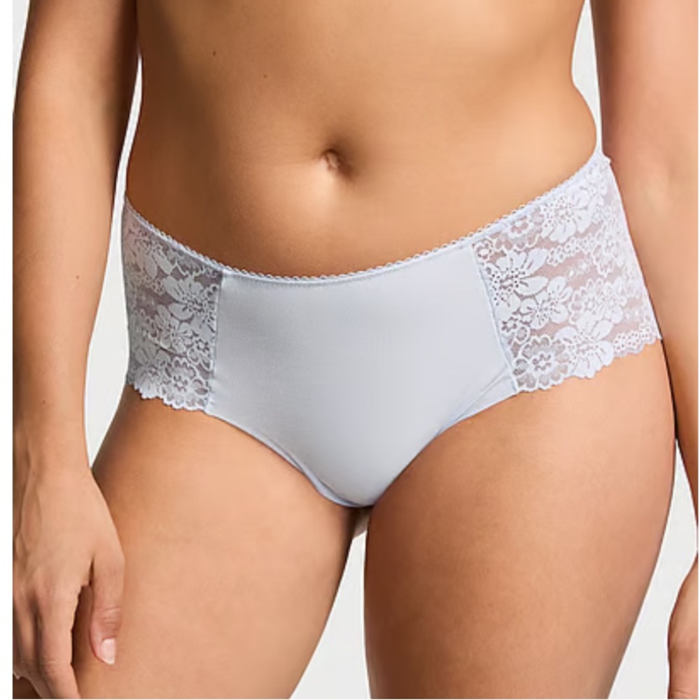 NWT PINK Victoria's Secret Hydrangea Blue Lace Trim Cheeky Panty. Large.